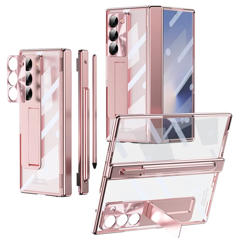 For Samsung Galaxy Z Fold6 5G Case Kickstand Dual Hinge PC Phone Cover with Screen Film and Stylus - Rose Gold