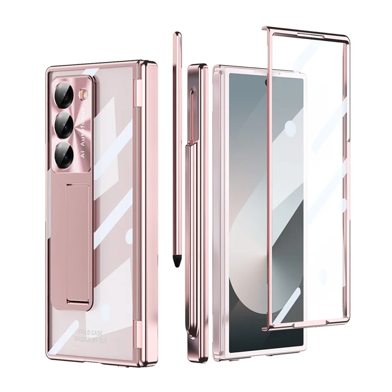 For Samsung Galaxy Z Fold6 5G Case Kickstand Dual Hinge PC Phone Cover with Screen Film and Stylus - Rose Gold