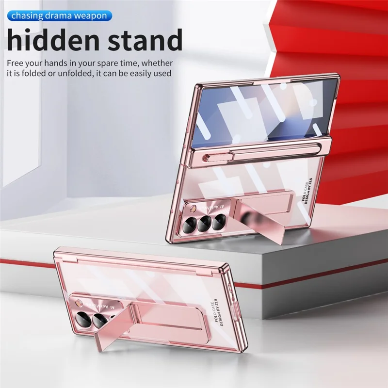 For Samsung Galaxy Z Fold6 5G Case Kickstand Dual Hinge PC Phone Cover with Screen Film and Stylus - Rose Gold