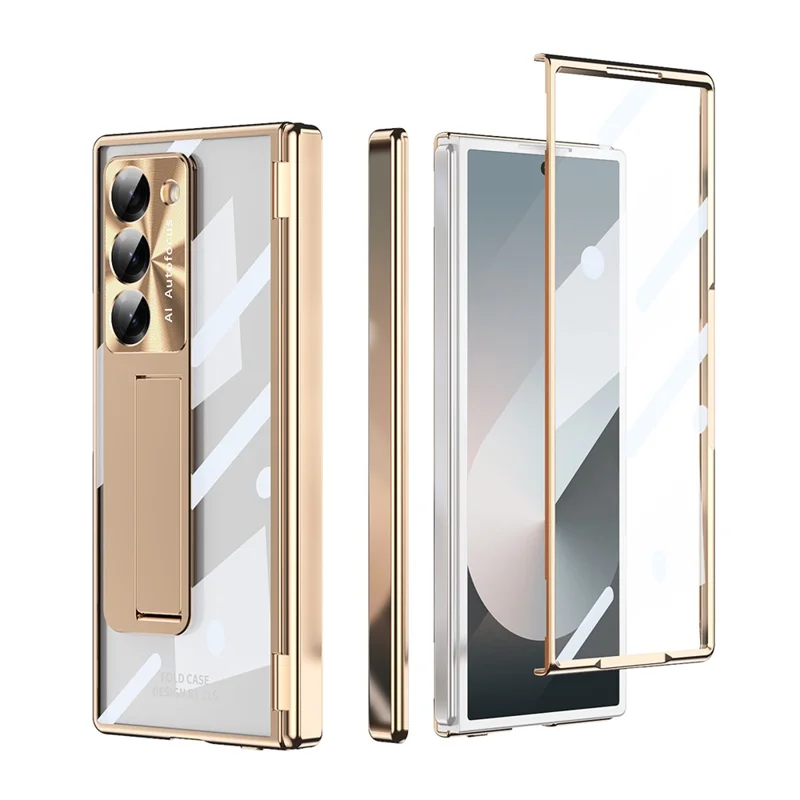 For Samsung Galaxy Z Fold6 5G Case Kickstand Hinge Electroplating PC Cover with Screen Film - Champagne Gold