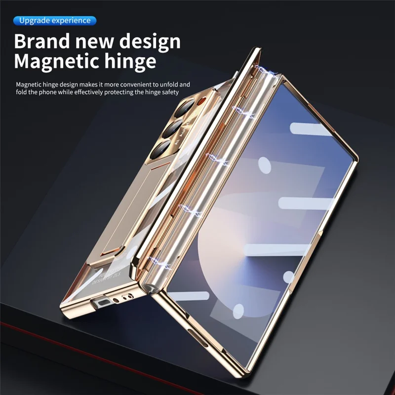 For Samsung Galaxy Z Fold6 5G Case Kickstand Hinge Electroplating PC Cover with Screen Film - Champagne Gold