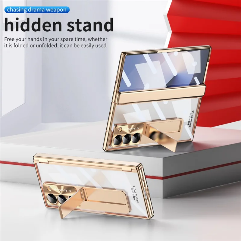 For Samsung Galaxy Z Fold6 5G Case Kickstand Hinge Electroplating PC Cover with Screen Film - Champagne Gold