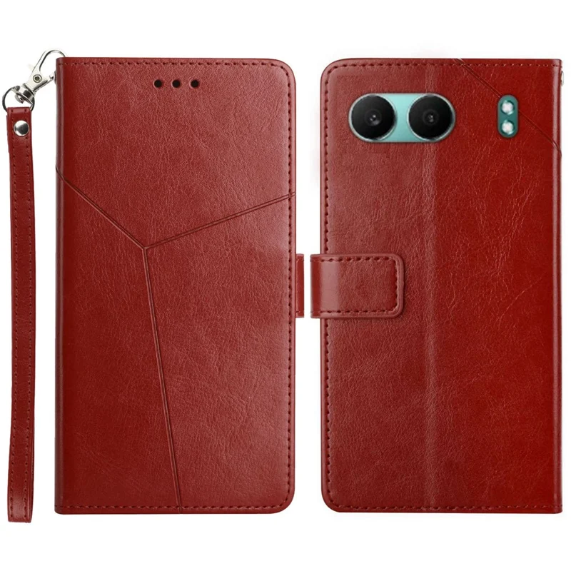 For OnePlus Nord 4 Case with Wrist Strap Y Shaped Lines Imprint Leather Phone Cover - Brown