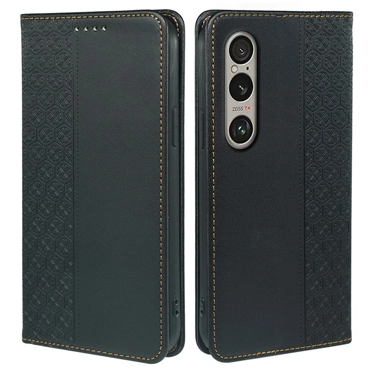 For Sony Xperia 1 VI Case Four-Leaf Clover Leather Flip Phone Cover Stand Wallet - Black