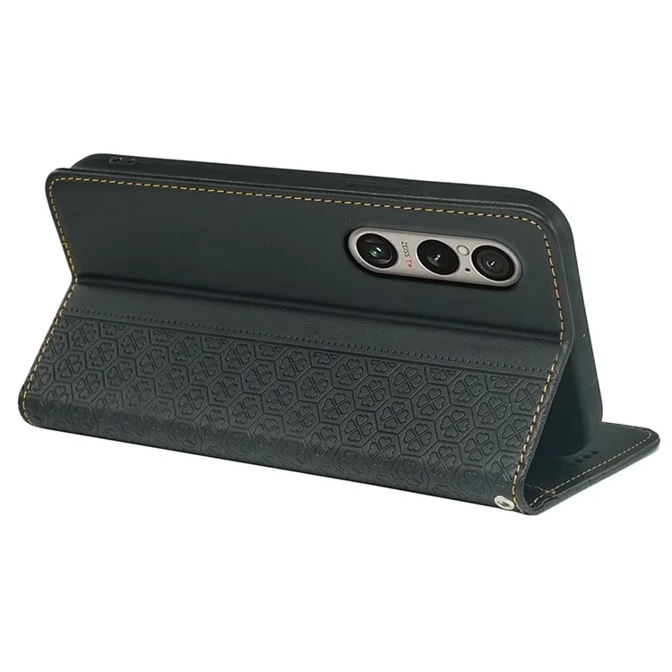For Sony Xperia 1 VI Case Four-Leaf Clover Leather Flip Phone Cover Stand Wallet - Black