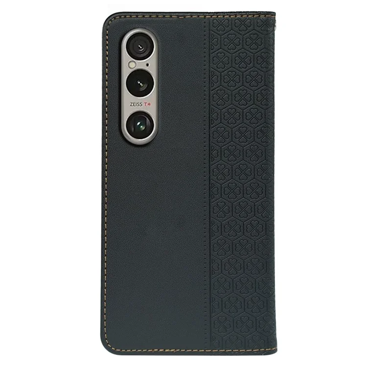 For Sony Xperia 1 VI Case Four-Leaf Clover Leather Flip Phone Cover Stand Wallet - Black