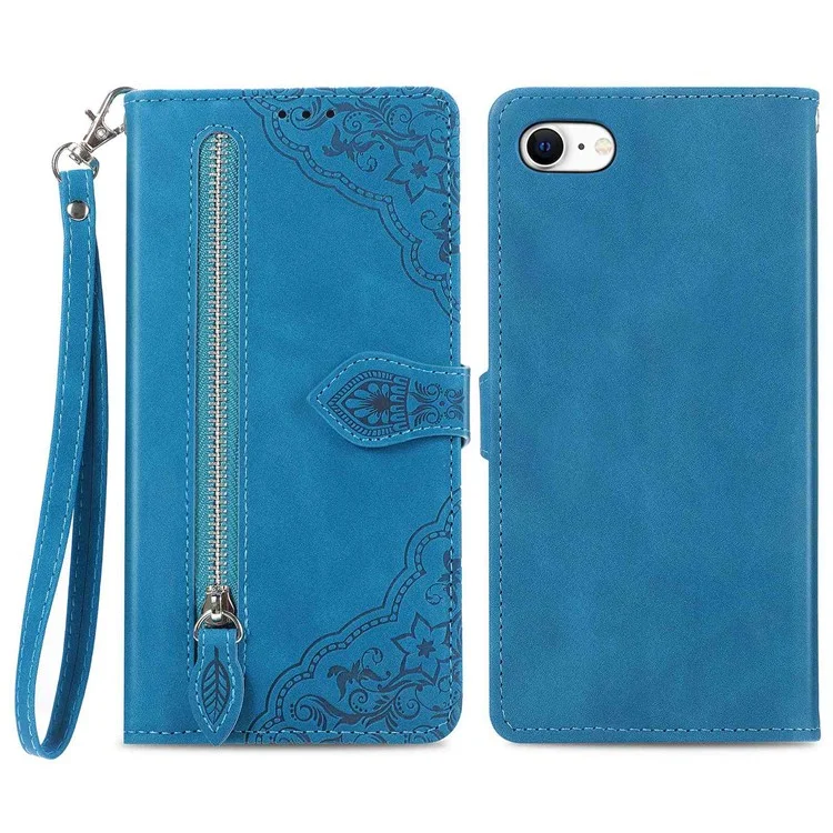 Für Iphone 6 / 6s / 7 / 8 4,7 Zoll / SE (2020) / SE (2022) Blume Eingeprägte PU Leder Hülle Wallet Stand Telefonabdeckung Mit Reißverschluss in Tasche - Blau