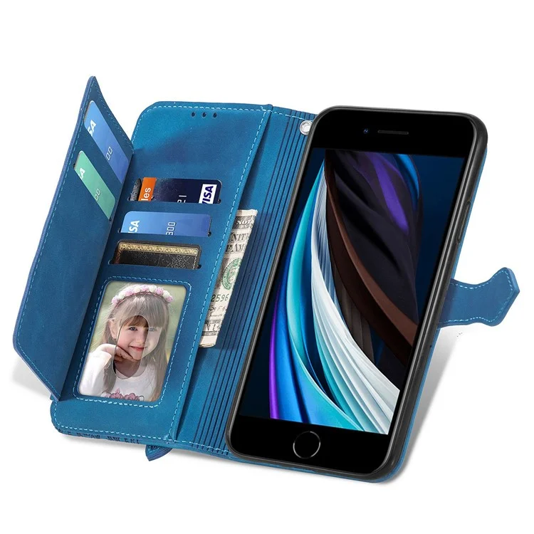 Für iPhone 6 / 6s / 7 / 8 4,7 Zoll / SE (2020) / SE (2022) Blumen geprägter PU-Lederhülle Brieftasche Ständer Handyhülle mit Reißverschlusstaschen - Blau