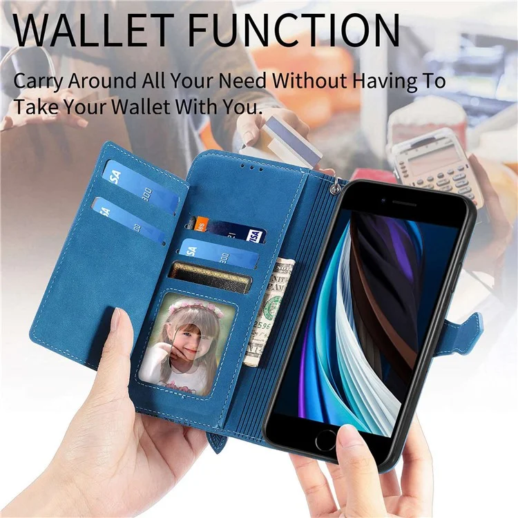 Für Iphone 6 / 6s / 7 / 8 4,7 Zoll / SE (2020) / SE (2022) Blume Eingeprägte PU Leder Hülle Wallet Stand Telefonabdeckung Mit Reißverschluss in Tasche - Blau