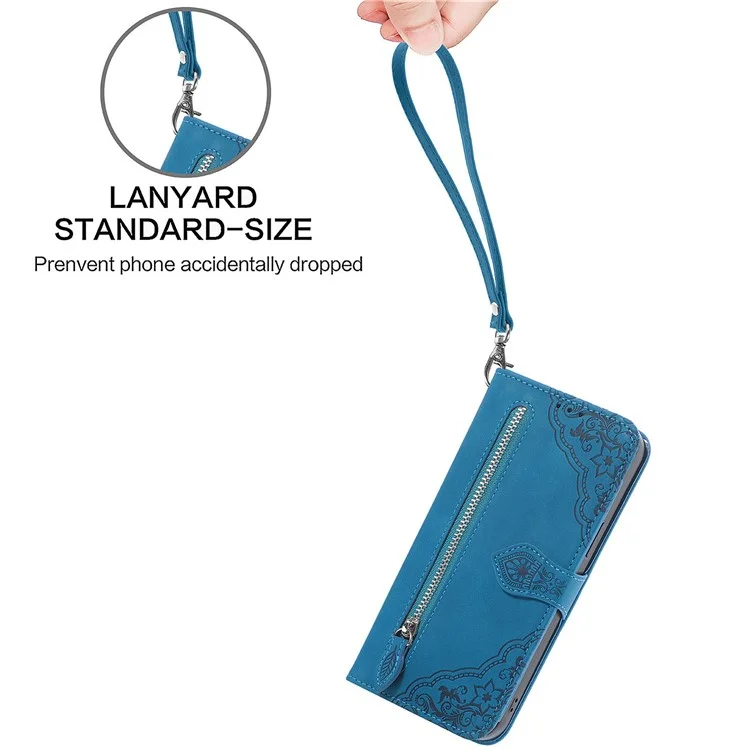 Für Iphone 6 / 6s / 7 / 8 4,7 Zoll / SE (2020) / SE (2022) Blume Eingeprägte PU Leder Hülle Wallet Stand Telefonabdeckung Mit Reißverschluss in Tasche - Blau