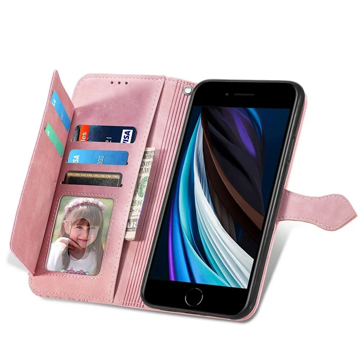For iPhone 6 / 6s / 7 / 8 4.7 inch / SE (2020) / SE (2022) Zipper Wallet Case with Strap Flower Imprint PU Leather Phone Cover - Pink