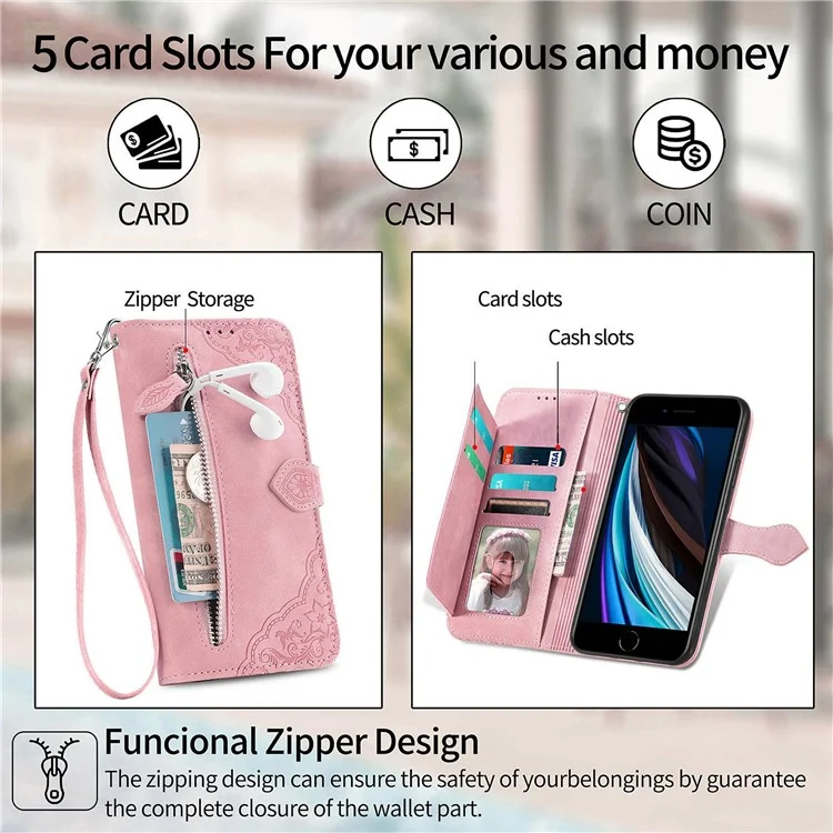 For iPhone 6 / 6s / 7 / 8 4.7 inch / SE (2020) / SE (2022) Zipper Wallet Case with Strap Flower Imprint PU Leather Phone Cover - Pink