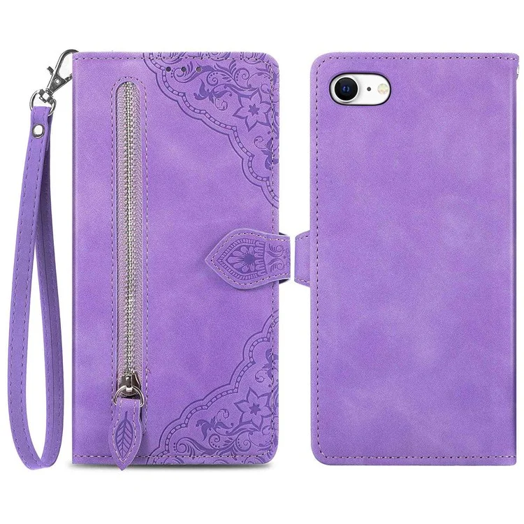 Pour iPhone 6 / 6s / 7 / 8 4,7 pouces / SE (2020) / SE (2022) Étui portefeuille en cuir PU avec motif floral, support et poche zippée - Violet clair