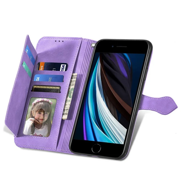 Pour iPhone 6 / 6s / 7 / 8 4,7 pouces / SE (2020) / SE (2022) Étui portefeuille en cuir PU avec motif floral, support et poche zippée - Violet clair