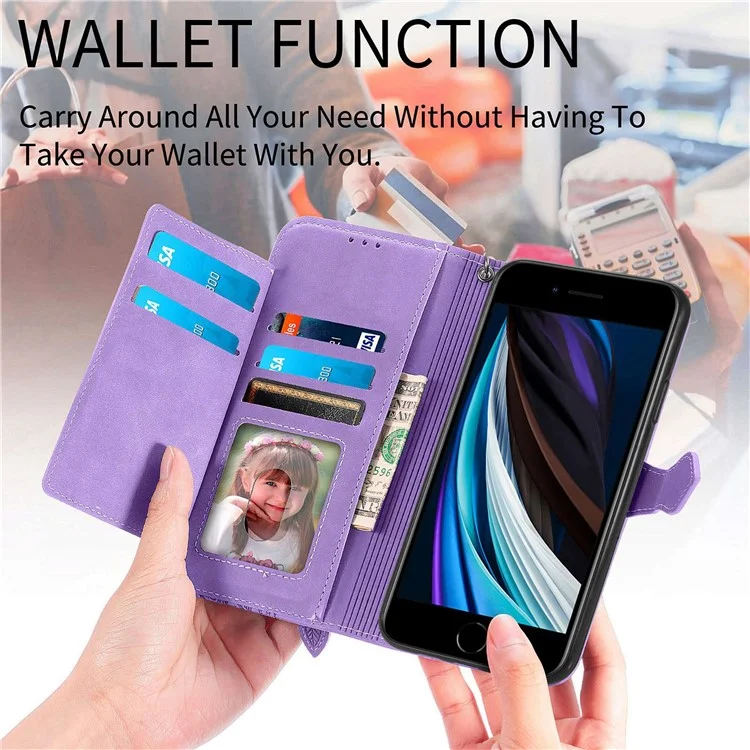 Pour iPhone 6 / 6s / 7 / 8 4,7 pouces / SE (2020) / SE (2022) Étui portefeuille en cuir PU avec motif floral, support et poche zippée - Violet clair