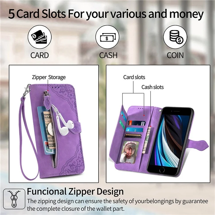 Pour iPhone 6 / 6s / 7 / 8 4,7 pouces / SE (2020) / SE (2022) Étui portefeuille en cuir PU avec motif floral, support et poche zippée - Violet clair