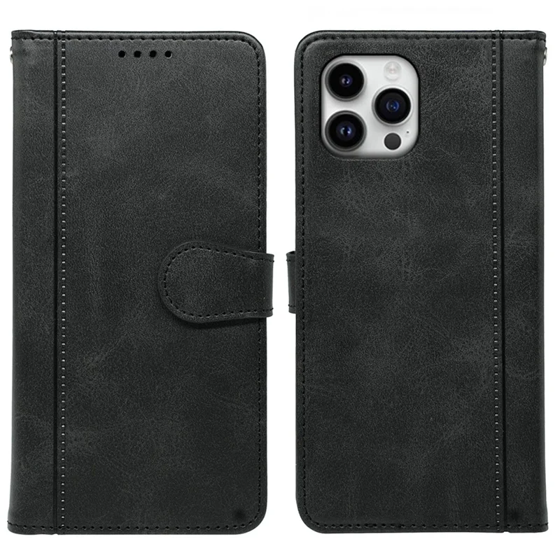 For iPhone 16 Pro Case Calf Texture Leather Stand Book Style Phone Cover - Black