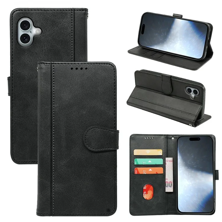 Für iPhone 16 Case Calf Texture Leather Stand Book Style Phone Cover - Schwarz