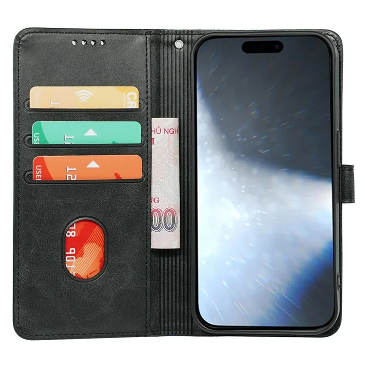 Für iPhone 16 Case Calf Texture Leather Stand Book Style Phone Cover - Schwarz