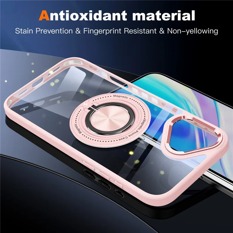 For iPhone 16 Case Magnetic Ring Holder Kickstand PC+TPU Phone Cover - Pink