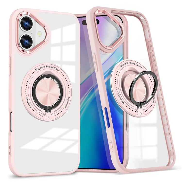 Per iPhone 16 Plus Case Magnetic Ring Holder Kickstand PC+TPU Phone Cover - Pink