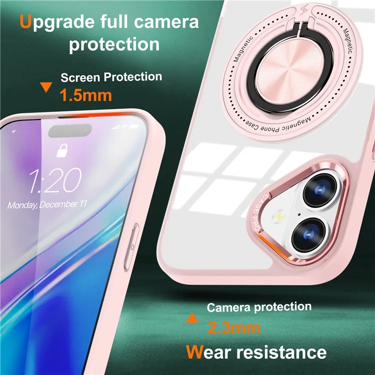 Per iPhone 16 Plus Case Magnetic Ring Holder Kickstand PC+TPU Phone Cover - Pink