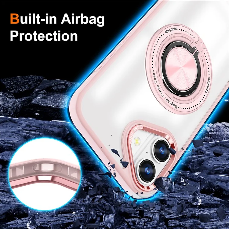 Per iPhone 16 Plus Case Magnetic Ring Holder Kickstand PC+TPU Phone Cover - Pink