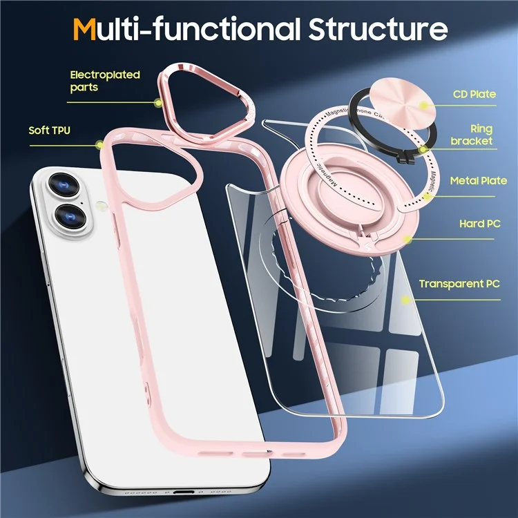 Per iPhone 16 Plus Case Magnetic Ring Holder Kickstand PC+TPU Phone Cover - Pink