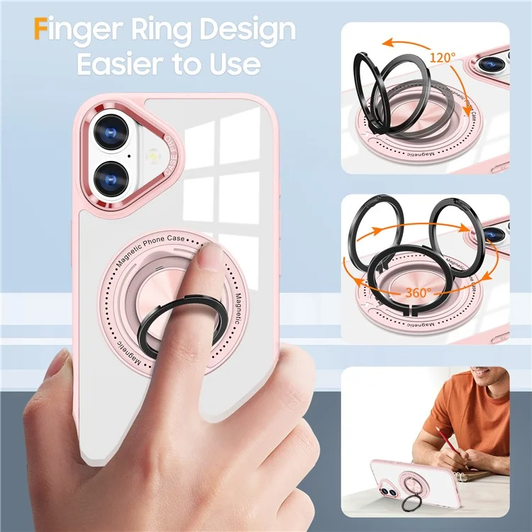 Per iPhone 16 Plus Case Magnetic Ring Holder Kickstand PC+TPU Phone Cover - Pink