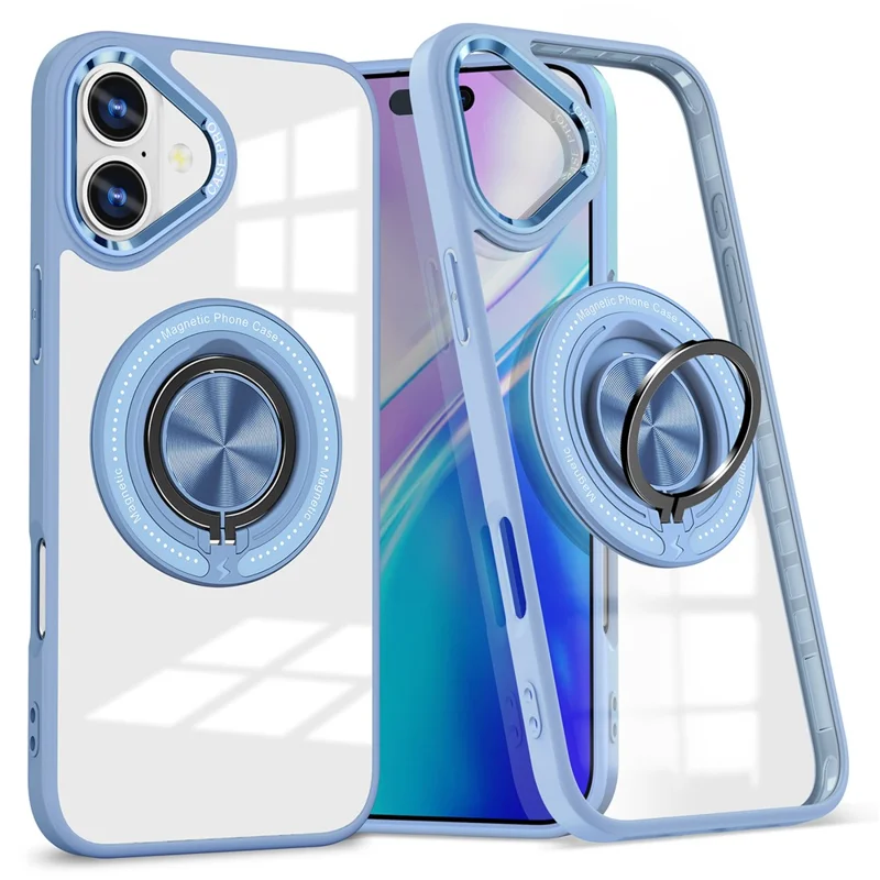 For iPhone 16 Plus Case Magnetic Ring Holder Kickstand PC+TPU Phone Cover - Baby Blue