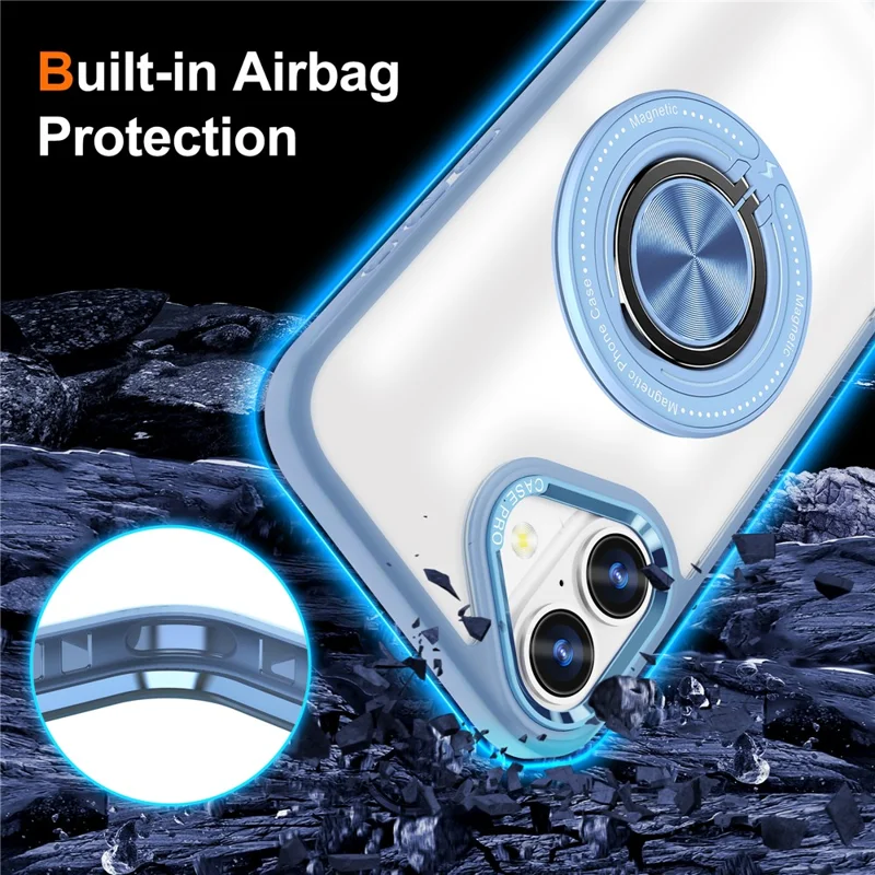 For iPhone 16 Plus Case Magnetic Ring Holder Kickstand PC+TPU Phone Cover - Baby Blue