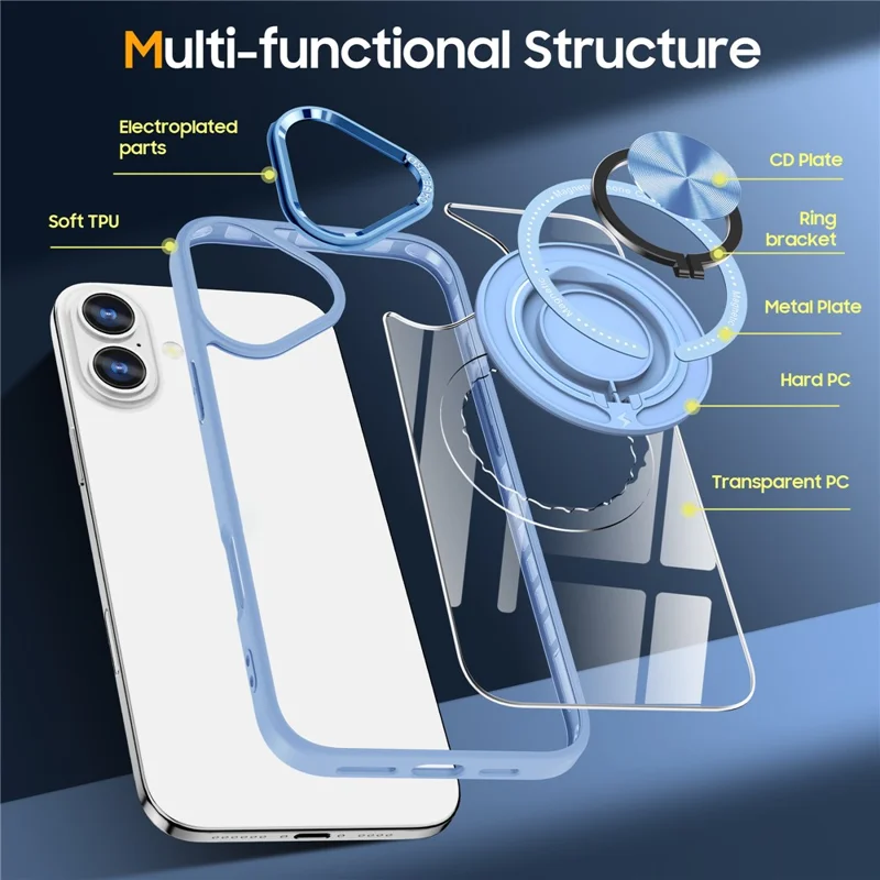 For iPhone 16 Plus Case Magnetic Ring Holder Kickstand PC+TPU Phone Cover - Baby Blue
