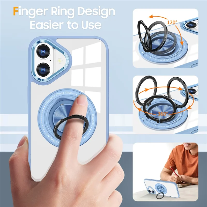 For iPhone 16 Plus Case Magnetic Ring Holder Kickstand PC+TPU Phone Cover - Baby Blue