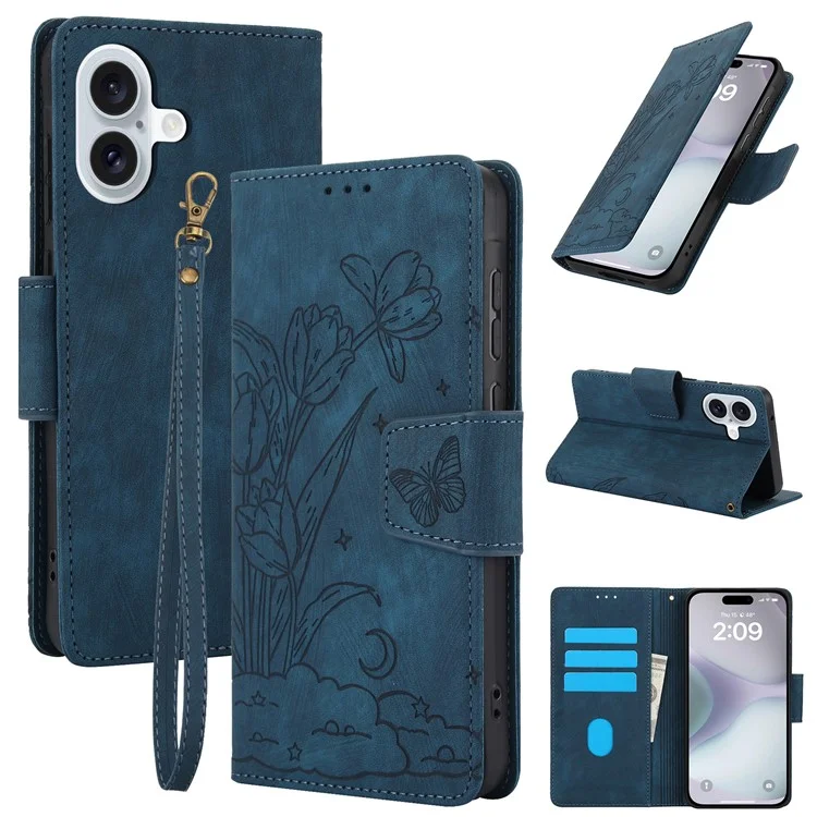 SY-001 Para Iphone 16 Plus Case Flower Butterfly Telet Cover Con Correa de Mano - Azul