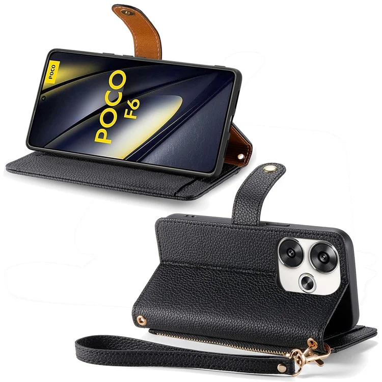 For Xiaomi Poco F6 5G  /  Redmi Turbo 3 5G Case Zipper Pocket Purse RFID Blocking Leather Phone Cover - Black
