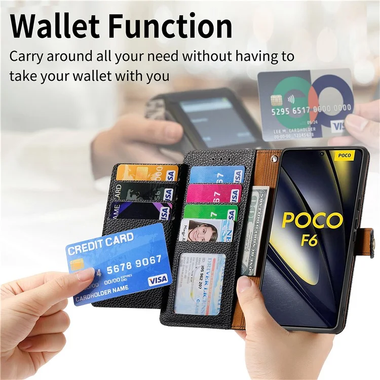 For Xiaomi Poco F6 5G  /  Redmi Turbo 3 5G Case Zipper Pocket Purse RFID Blocking Leather Phone Cover - Black