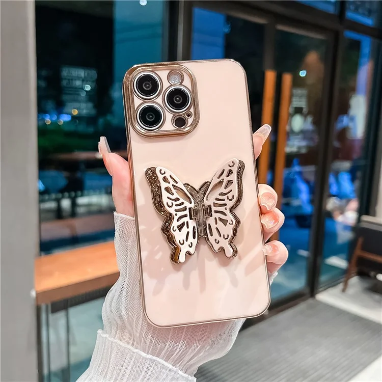 Para Iphone 15 Pro Case Butterfly Kickstand TPU Electroplating Telephip Cover - Rosa