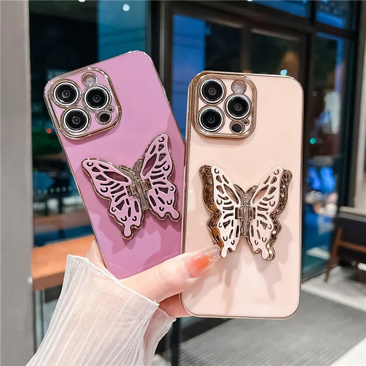Para Iphone 15 Pro Case Butterfly Kickstand TPU Electroplating Telephip Cover - Rosa
