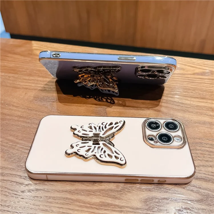 Para Iphone 15 Pro Case Butterfly Kickstand TPU Electroplating Telephip Cover - Rosa