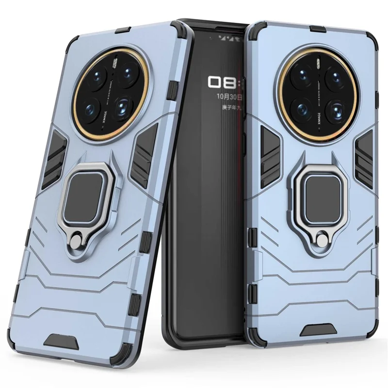 For Huawei Mate 50 Pro 4G Hard PC Soft TPU Dual Layered Shockproof Cover Ring Kickstand Grip Protective Phone Case - Blue