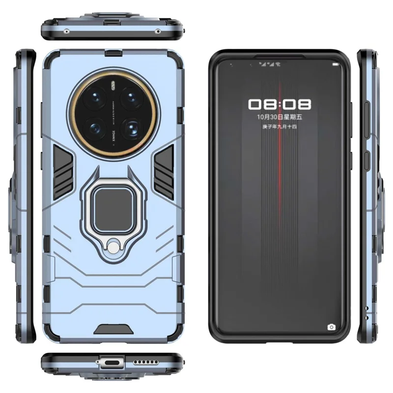 For Huawei Mate 50 Pro 4G Hard PC Soft TPU Dual Layered Shockproof Cover Ring Kickstand Grip Protective Phone Case - Blue