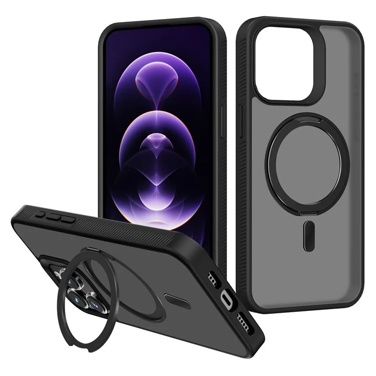 G Style For iPhone 15 Pro Case Skin-Touch Matte TPU+PC Phone Cover with Rotatable Magnetic Kickstand - Black