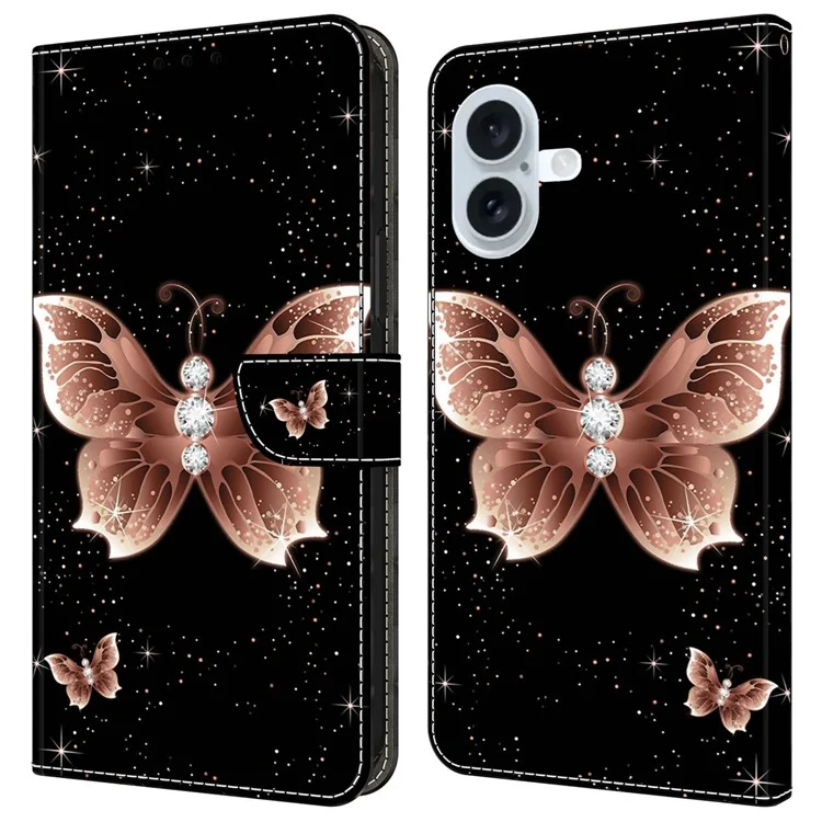 Funda para iPhone 16 Plus Case 3D Pattern PU Leather Wallet Phone Cover with Stand - Pink Diamond Butterfly