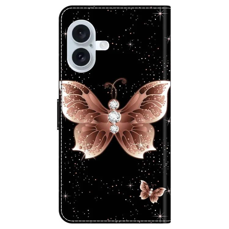 Funda para iPhone 16 Plus Case 3D Pattern PU Leather Wallet Phone Cover with Stand - Pink Diamond Butterfly