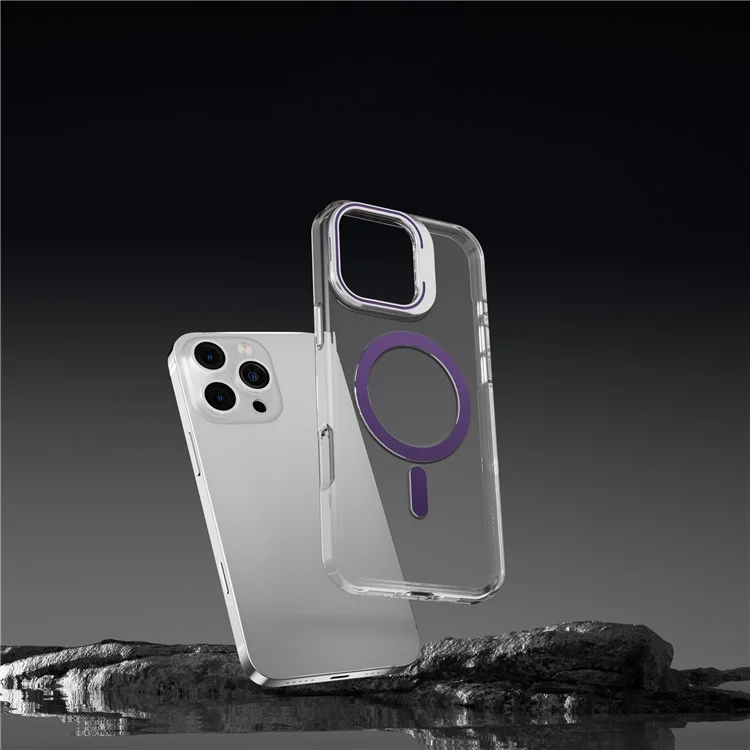 J1 Para Iphone 16 Pro Case Compatível Com MagSafe Lens Frame Kickstand Clear PC Tone - Roxo Escuro