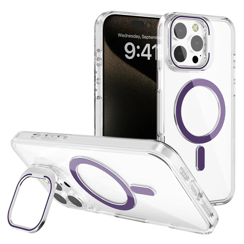J1 For iPhone 16 Pro Max Case Compatible with MagSafe Lens Frame Kickstand Clear PC Phone Cover - Dark Purple