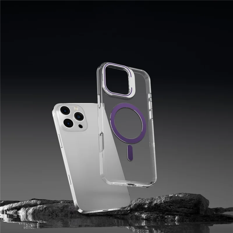 J1 For iPhone 16 Pro Max Case Compatible with MagSafe Lens Frame Kickstand Clear PC Phone Cover - Dark Purple