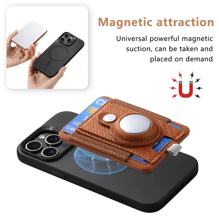 MC-W17 Magnetische Kartenhülle für AirTag Carbon Fiber Texture Leder Anti Loss Card Slot - Braun
