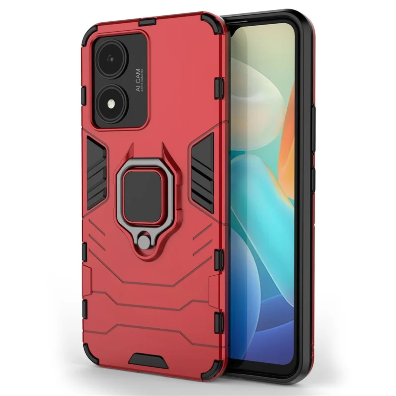 For vivo Y02s 4G Phone Case Ring Kickstand Hybrid Hard PC Soft TPU Shockproof Protective Cover - Red