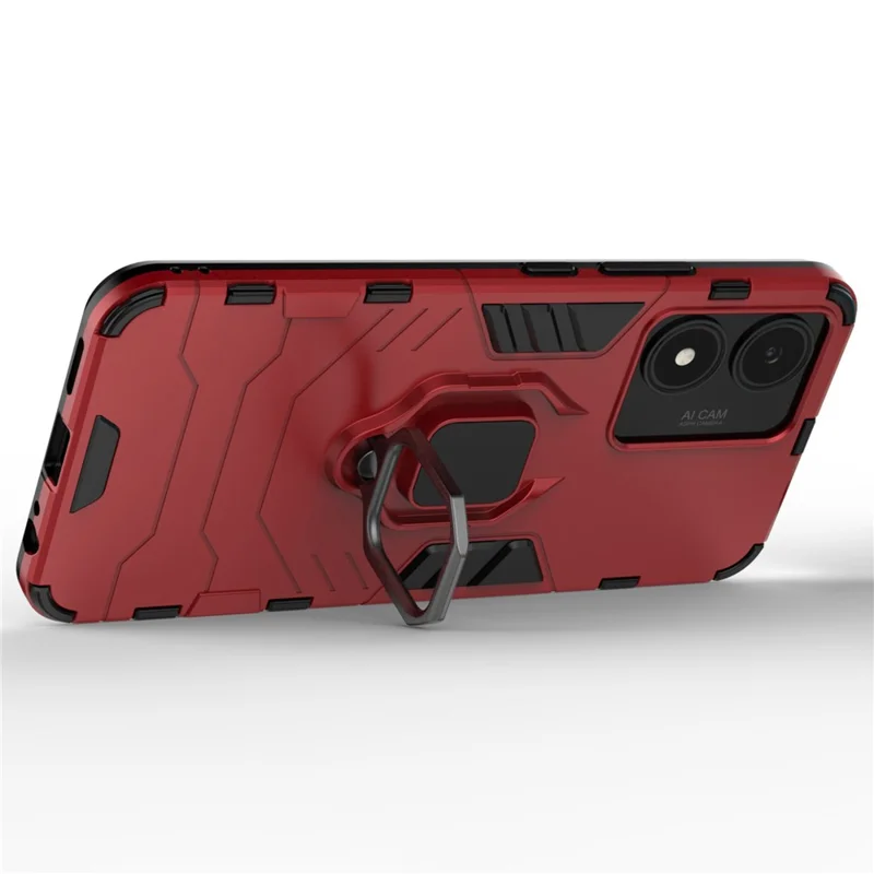 For vivo Y02s 4G Phone Case Ring Kickstand Hybrid Hard PC Soft TPU Shockproof Protective Cover - Red